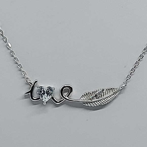 925 Sterling Silver Feather, Heart & Message Necklace,with CZ Simulated Diamonds - Picture 2 of 8